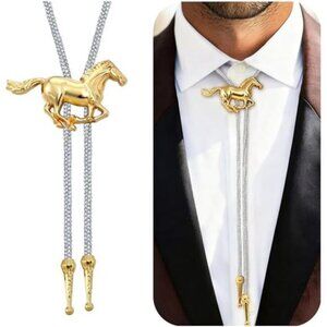 Gold Horse Rhinestone Bolo Tie Men & Women Western Cowboy Leather Rope Necktie